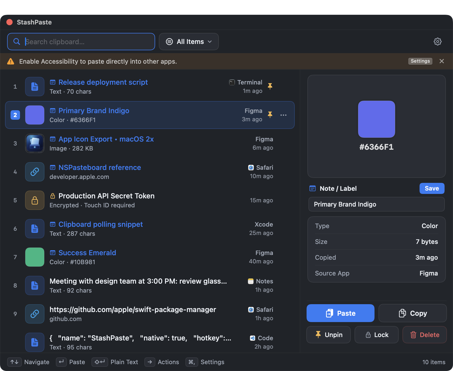 Clipboard history showing text, images, color swatches, and URLs