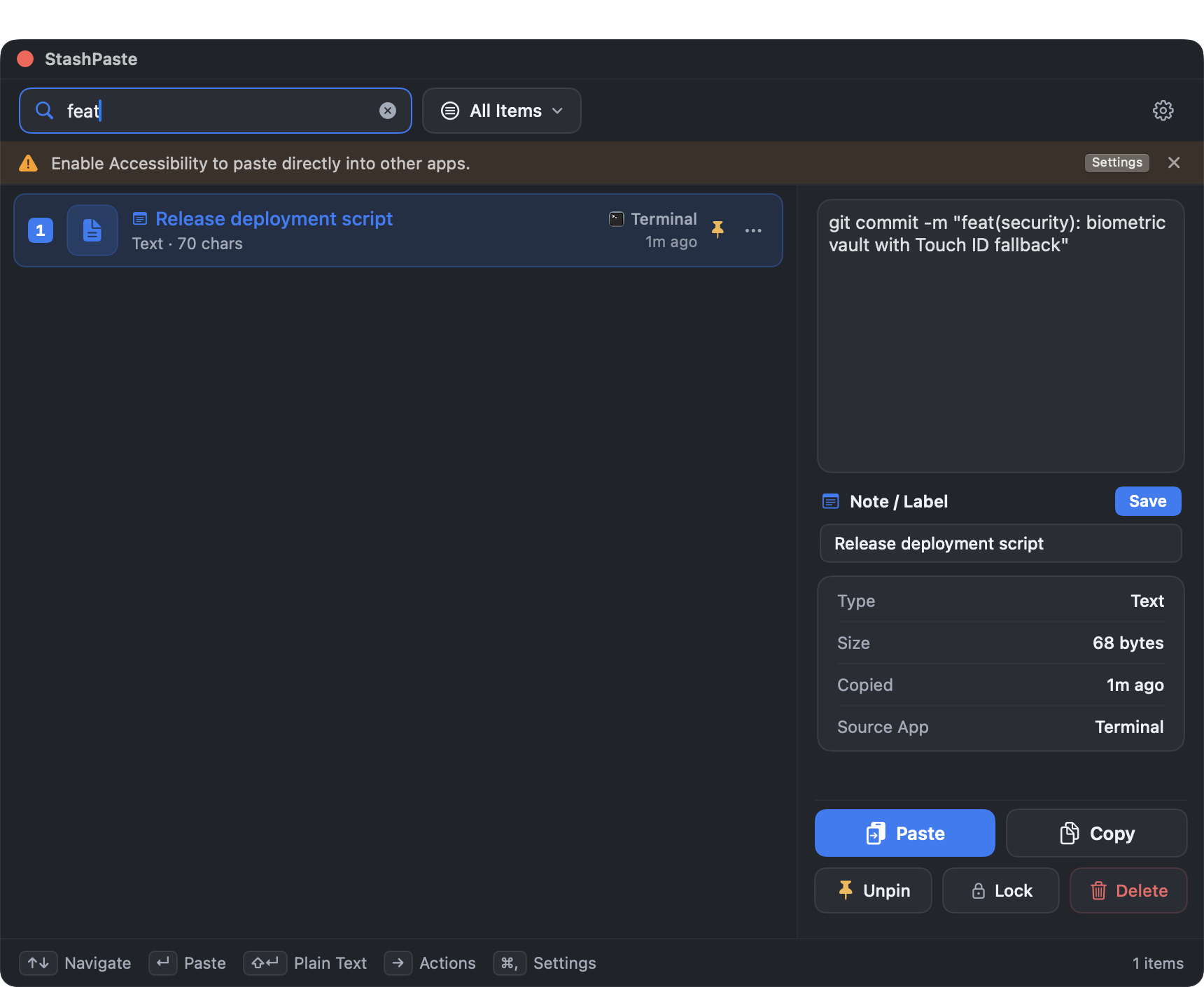 StashPaste search interface with filtered clipboard results