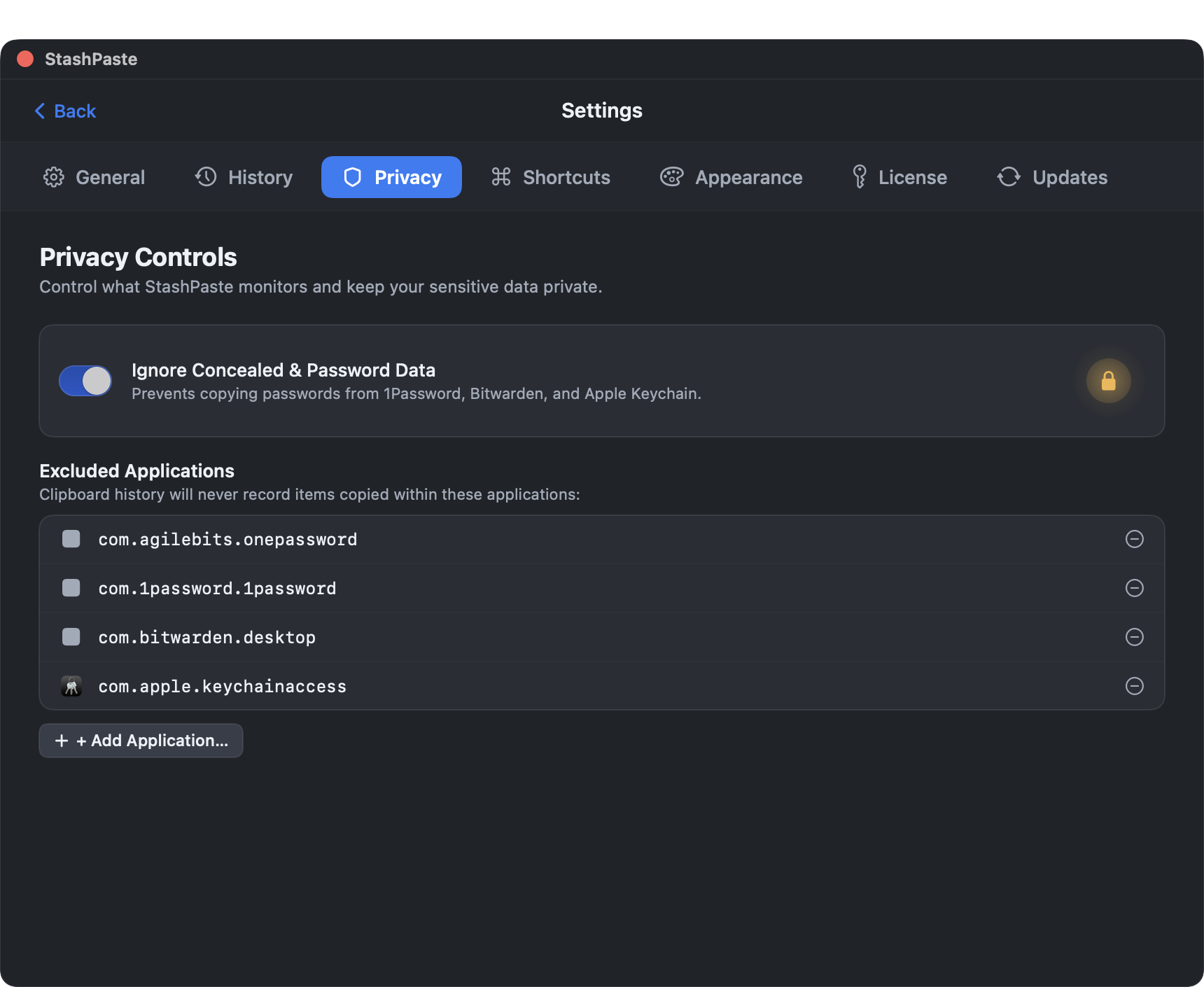 Settings showing excluded applications list